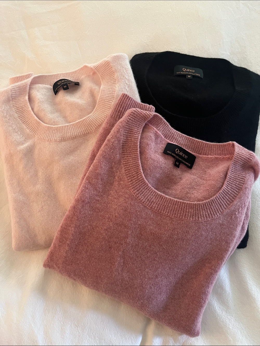 Quince Women's Cashmere T-Shirt Sweater - Set of 3 (Black, Lt. Pink, Pink)